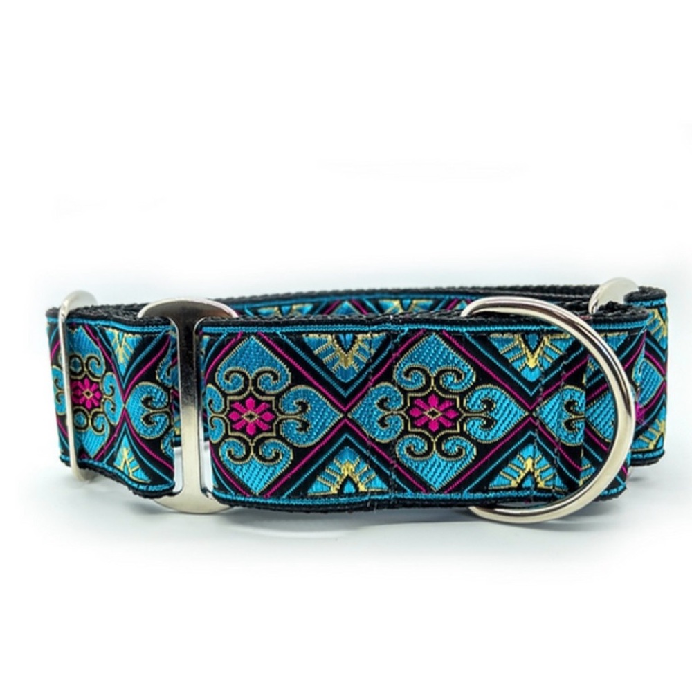 Beautiful Handmade Martingale Dog Collar 2” wide Sz. med Teal Floral